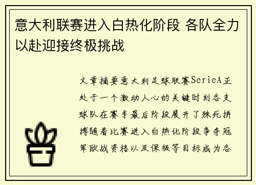 意大利联赛进入白热化阶段 各队全力以赴迎接终极挑战