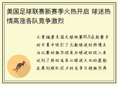 美国足球联赛新赛季火热开启 球迷热情高涨各队竞争激烈