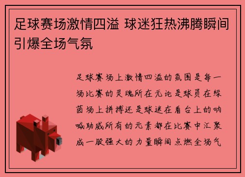 足球赛场激情四溢 球迷狂热沸腾瞬间引爆全场气氛