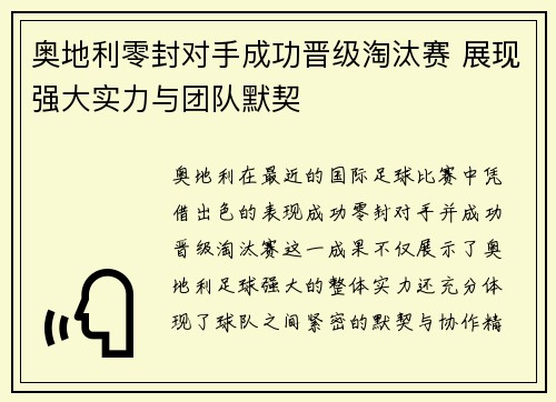 奥地利零封对手成功晋级淘汰赛 展现强大实力与团队默契