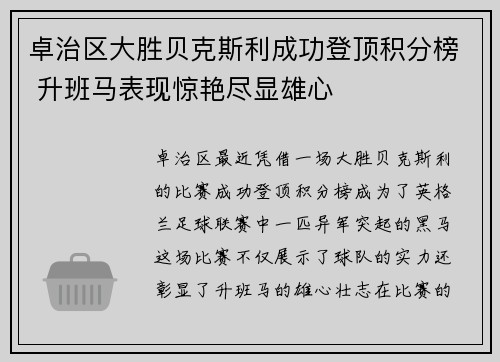 卓治区大胜贝克斯利成功登顶积分榜 升班马表现惊艳尽显雄心