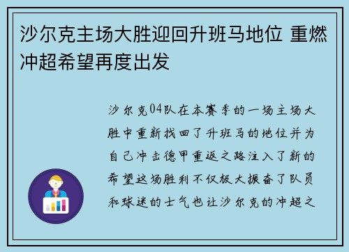 沙尔克主场大胜迎回升班马地位 重燃冲超希望再度出发