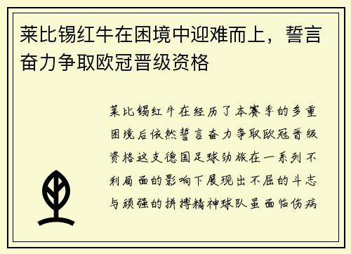 莱比锡红牛在困境中迎难而上,誓言奋力争取欧冠晋级资格